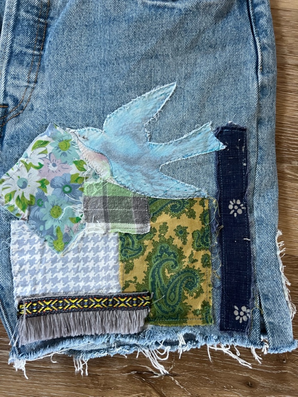Upcycled Levi's Blue Patchwork High-Rise Jean Shorts - Picture 3 of 9